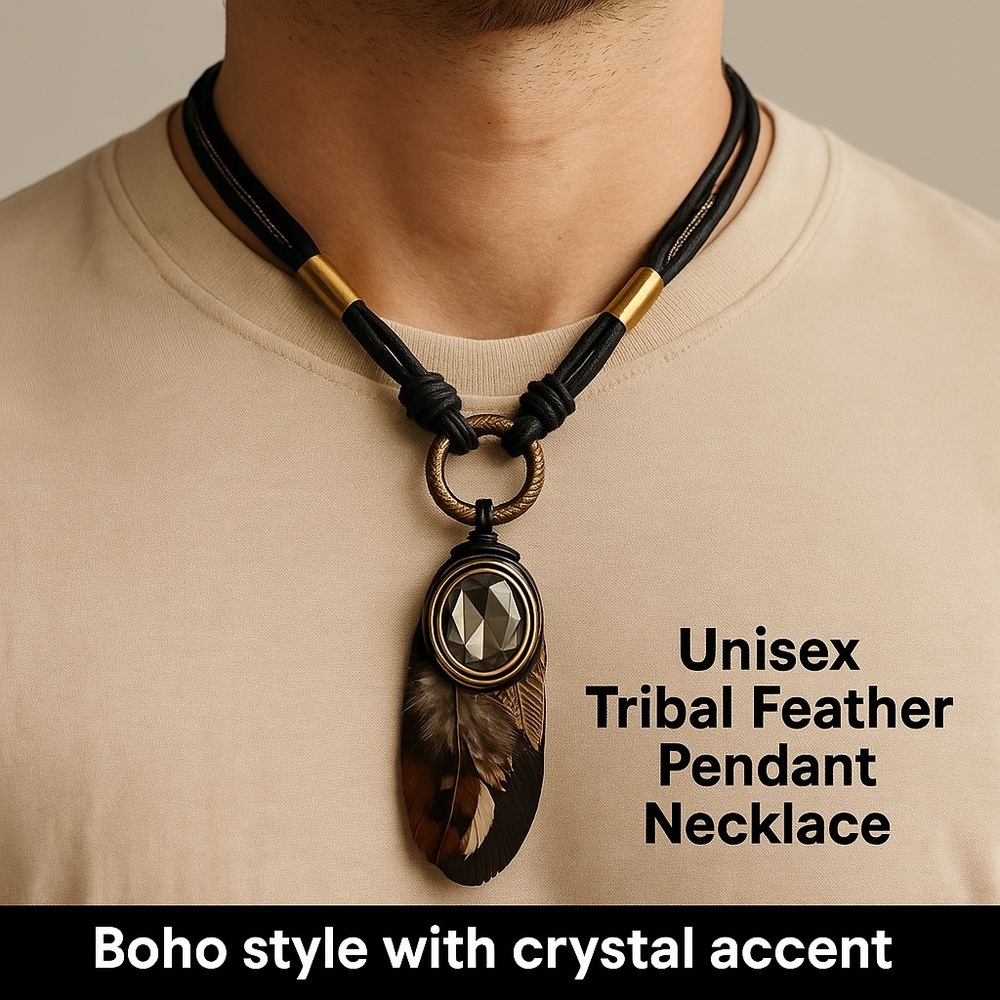 👉 Unisex Tribal Feather Pendant Necklace – Boho Style with Crystal Accent